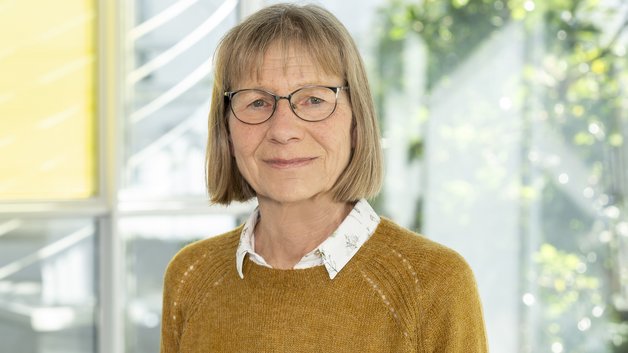 ©BAGSO/Sachs Portrait Ute Schlütter: Frau mitteleren Alters mit Brille und schulterlangem, dunkeblonden Haar. Sie trägt eine Bluse mit gelbem Pullover.